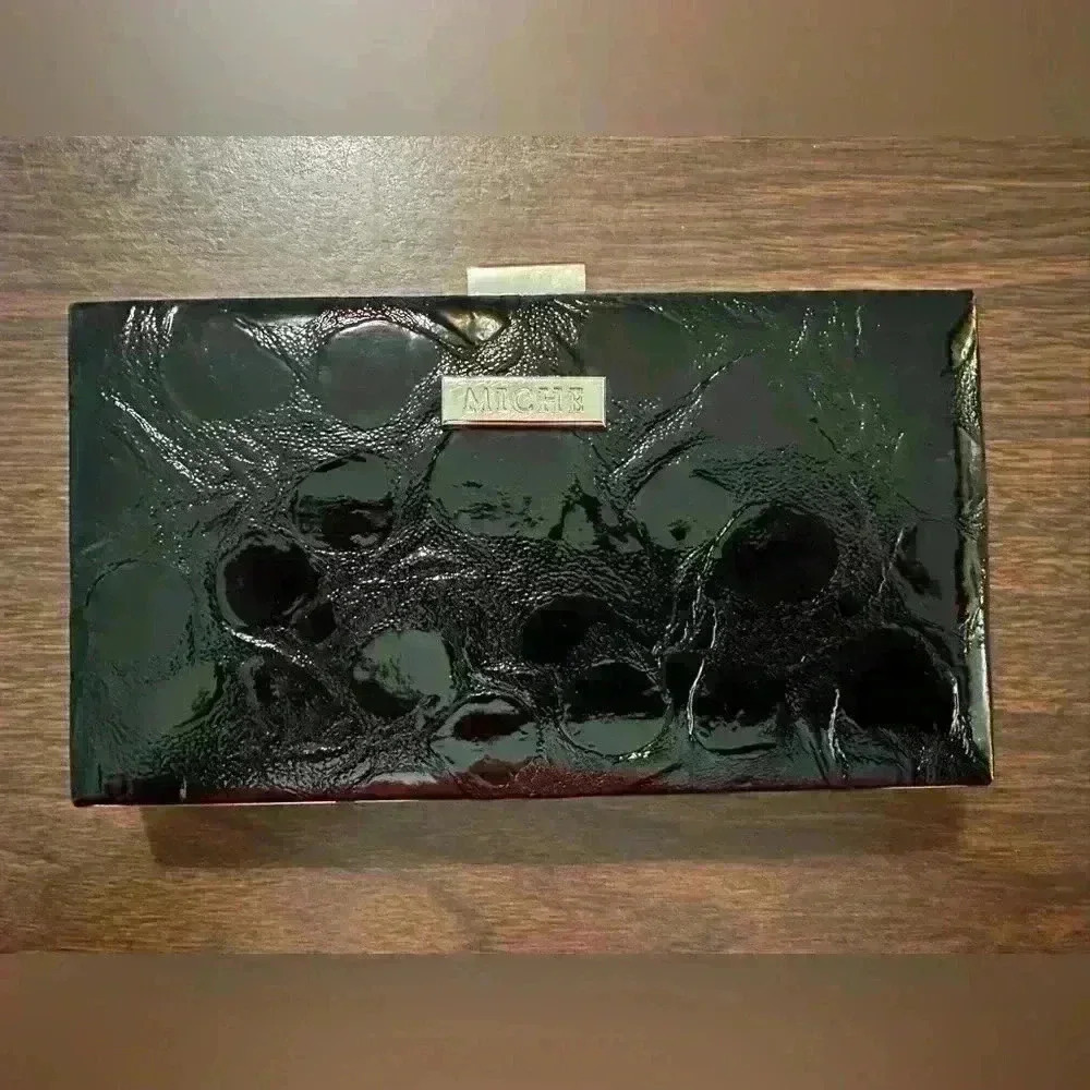 New Clutch Wallet With Chain. Black Patent Leather. Snap Closure.